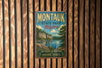A vintage-style metal sign for Montauk State Park in Missouri, featuring a scenic landscape with a river and mountains.