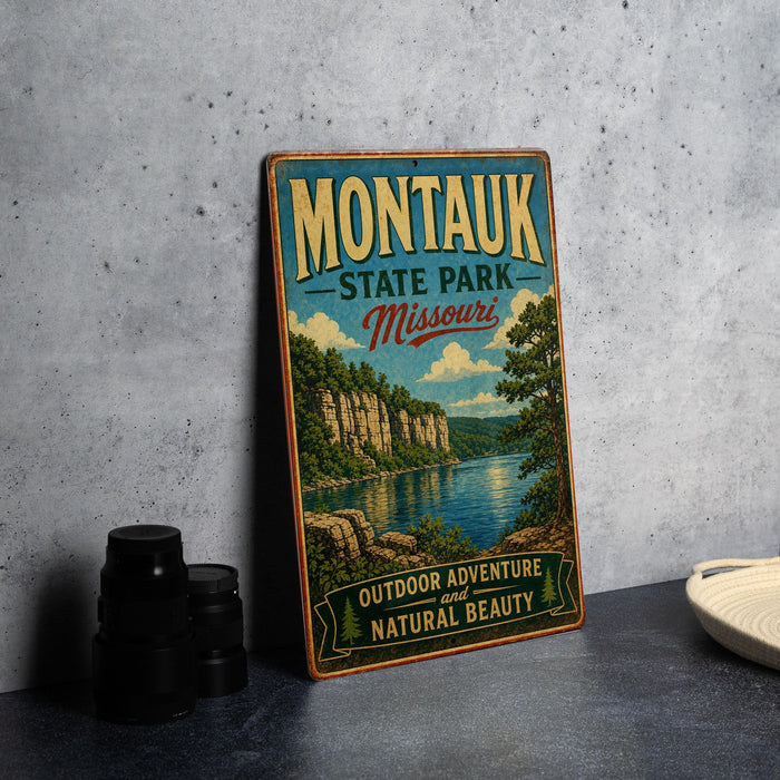 A vintage-style metal sign for Montauk State Park in Missouri, featuring a scenic landscape with a lake and mountains.