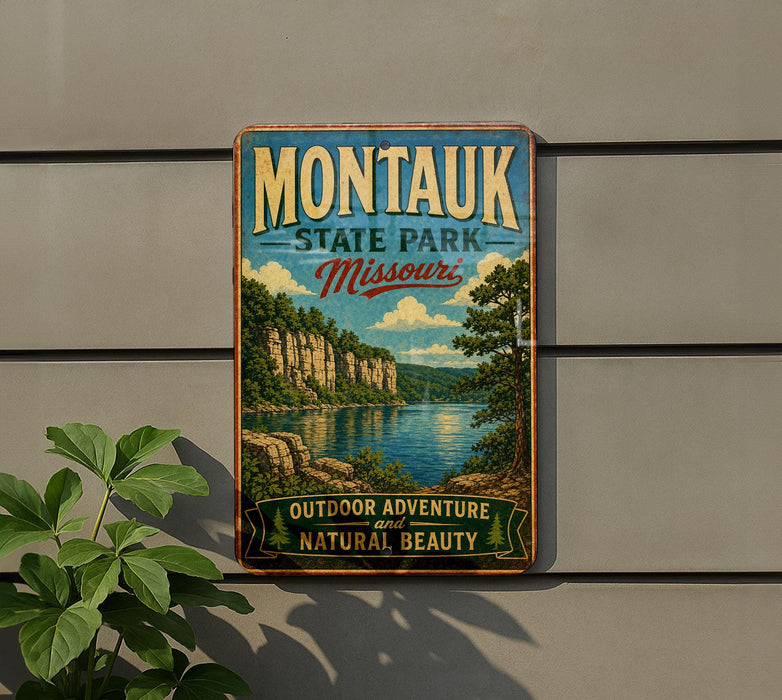 A vintage-style metal sign for Montauk State Park in Missouri, featuring a scenic landscape with a lake and mountains.