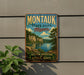 A vintage-style metal sign for Montauk State Park in Missouri, featuring a scenic landscape with a lake and mountains.