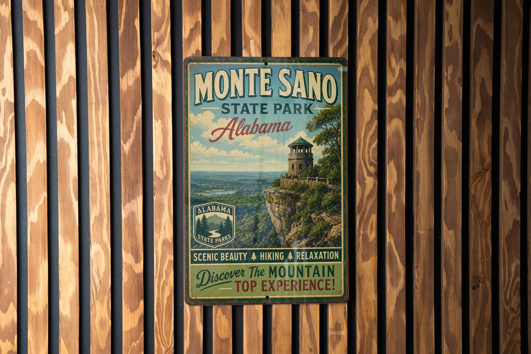 A vintage metal sign for Monte Sano State Park in Alabama, featuring a scenic image of a mountain and a lighthouse, mounted on a wooden wall.