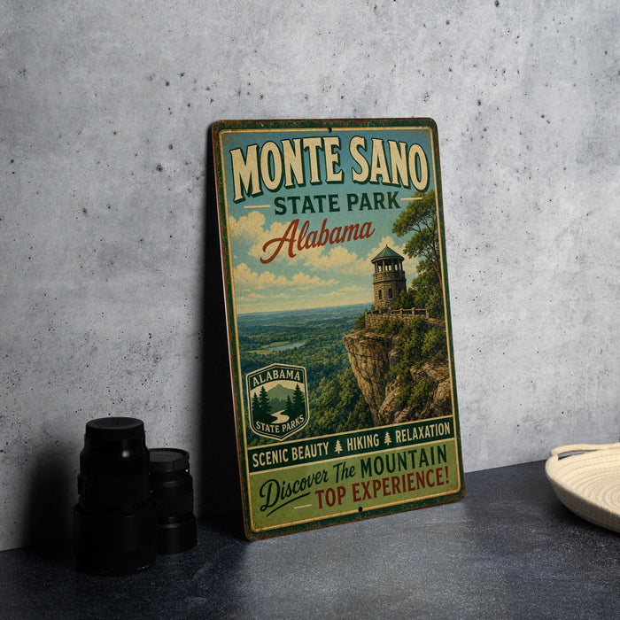 A vintage-style metal sign for Monte Sano State Park in Alabama, featuring a scenic image of a mountain and a lighthouse.