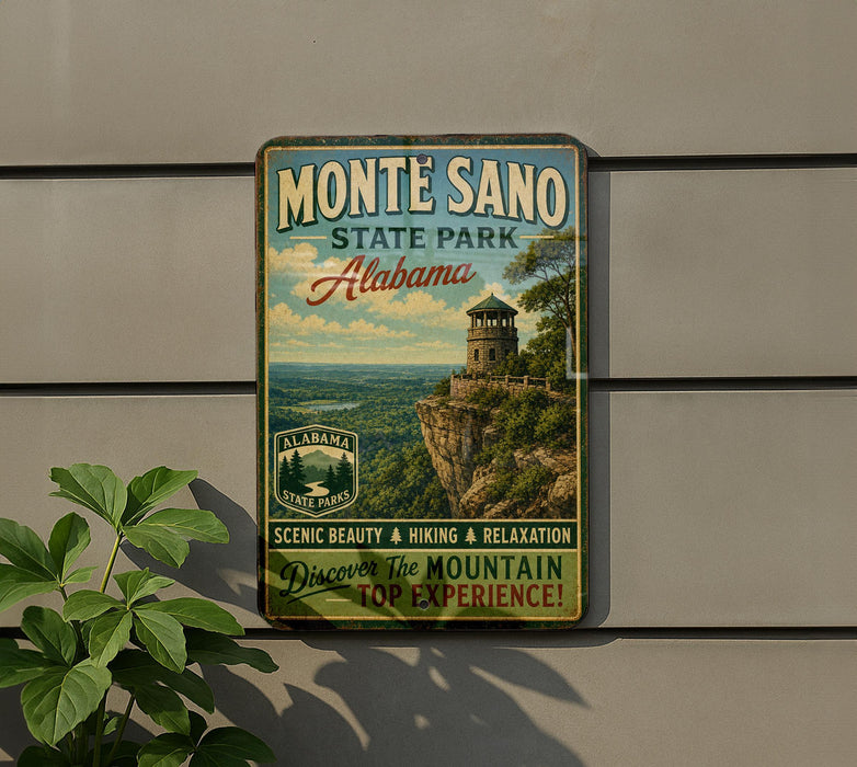 A vintage-style sign for Monte Sano State Park in Alabama, featuring a scenic image of a mountain with a lookout tower.