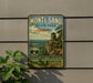 A vintage-style sign for Monte Sano State Park in Alabama, featuring a scenic image of a mountain with a lookout tower.