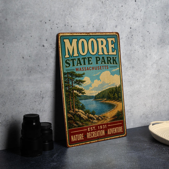 A vintage metal sign for Moore State Park in Massachusetts, featuring a scenic landscape with a lake and mountains.
