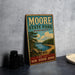 A vintage metal sign for Moore State Park in Massachusetts, featuring a scenic landscape with a lake and mountains.