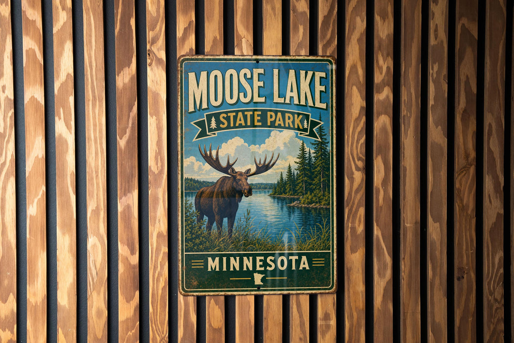 A metal sign with a moose and a lake in the background, mounted on a wooden wall.