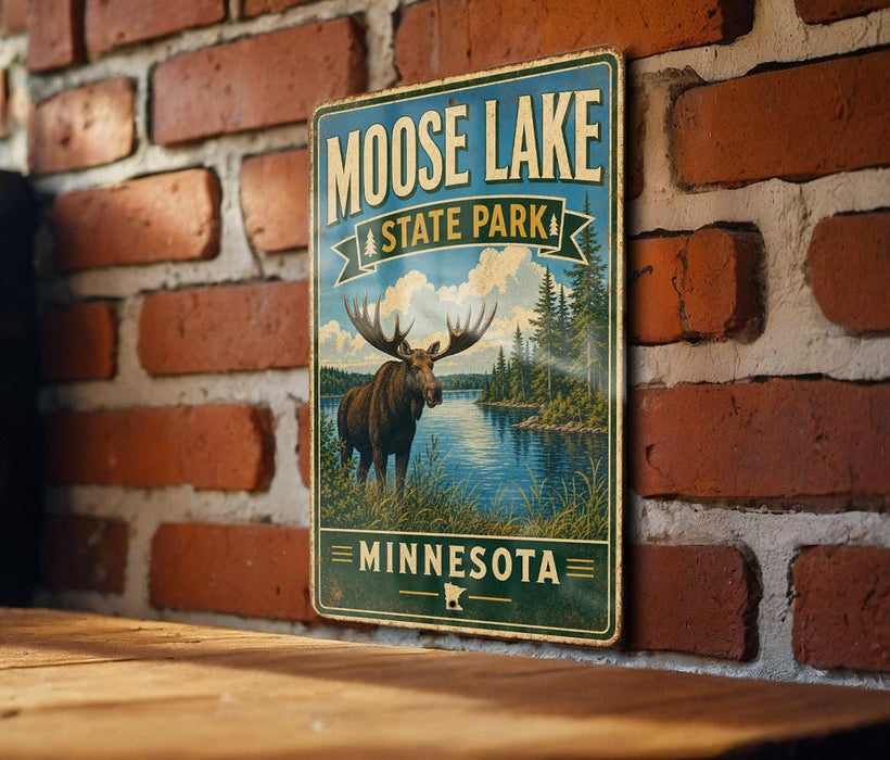 A vintage-style metal sign for Moose Lake State Park in Minnesota, featuring a moose in a grassy field with a lake in the background.