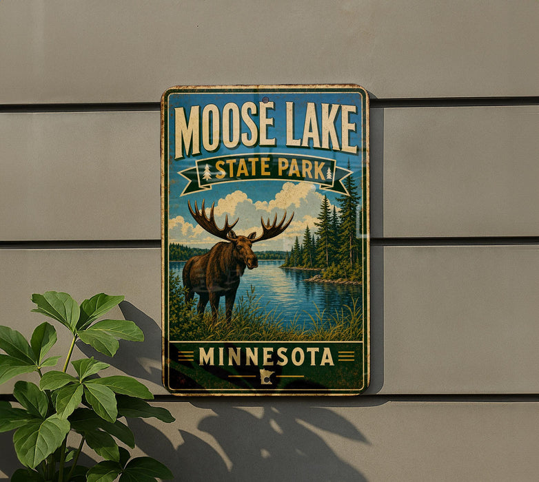 A metal sign with a moose and a lake, indicating the location of Moose Lake State Park in Minnesota.