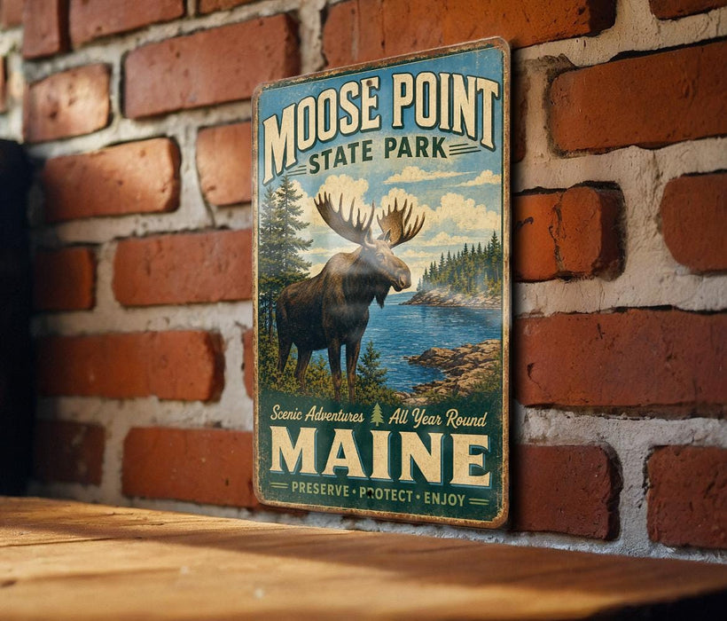 A vintage-style metal sign for Moose Point State Park in Maine, featuring a moose and a scenic landscape.