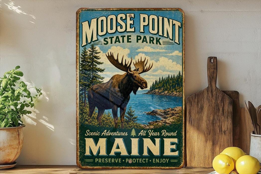 A vintage-style sign for Moose Point State Park in Maine, featuring a moose in a forest landscape with a lake in the background.