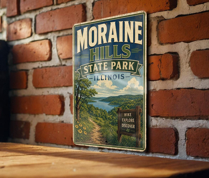 A vintage-style metal sign for Moraine Hills State Park in Illinois, featuring a scenic landscape with a trail and a sign that says "HIKE EXPLORE DISCOVER".