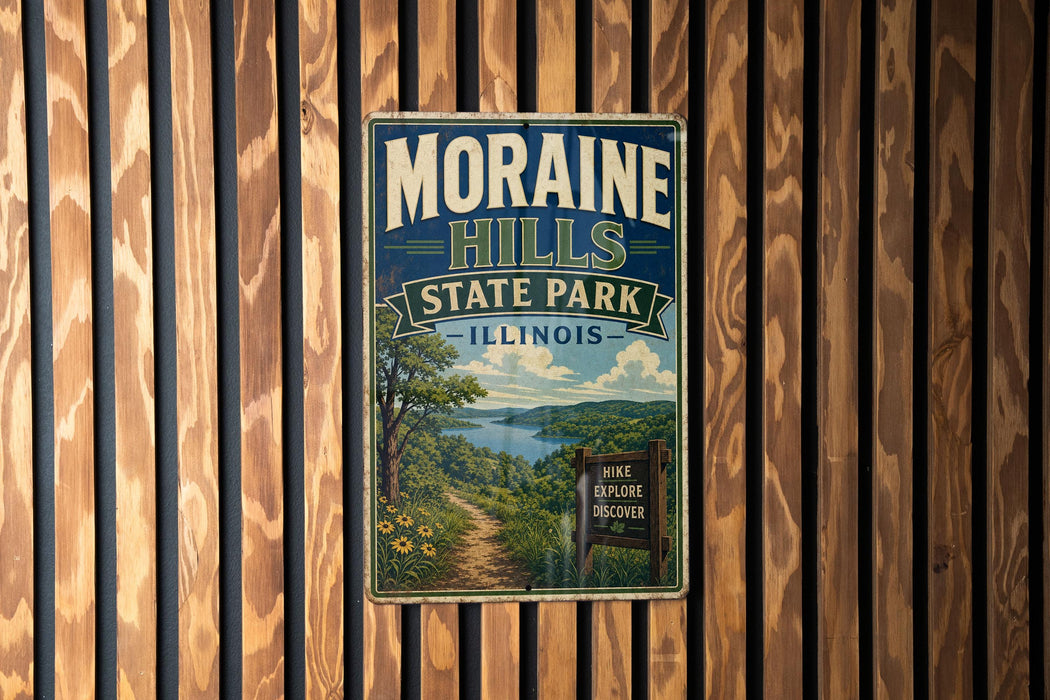 A vintage-style metal sign for Moraine Hills State Park in Illinois, featuring a scenic landscape with a path leading to a waterfall.