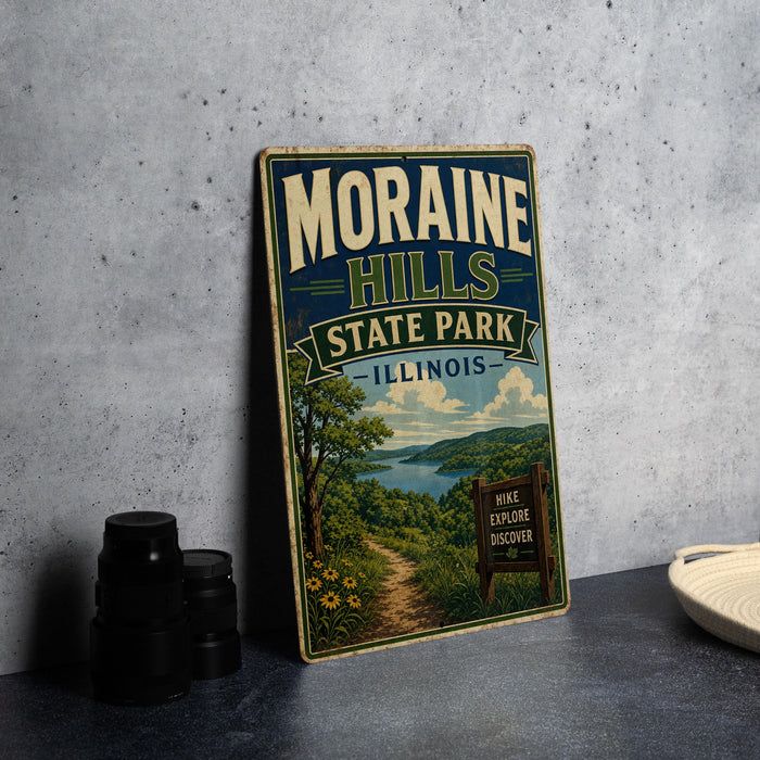 A vintage-style metal sign for Moraine Hills State Park in Illinois, featuring a scenic illustration of a trail and a lake surrounded by trees.