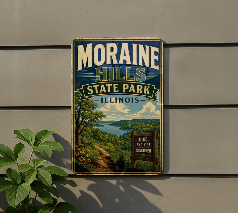 A vintage-style metal sign for Moraine Hills State Park in Illinois, featuring a scenic landscape with a trail and a sign that says "Hike Explore Discover".