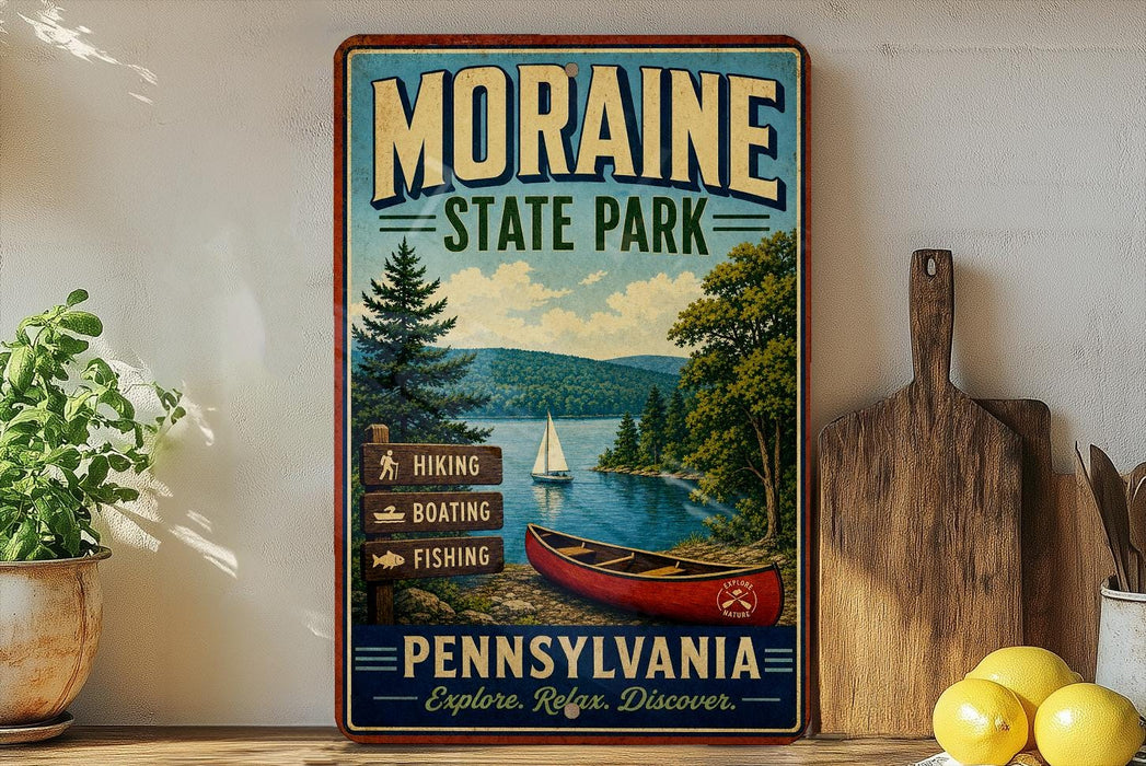 A vintage-style poster advertising Moraine State Park in Pennsylvania, featuring a scenic image of a lake with a canoe and mountains in the background.