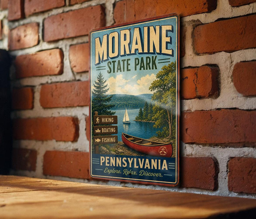 A vintage-style metal sign for Moraine State Park in Pennsylvania, featuring a scenic image of a lake, mountains, and a canoe.