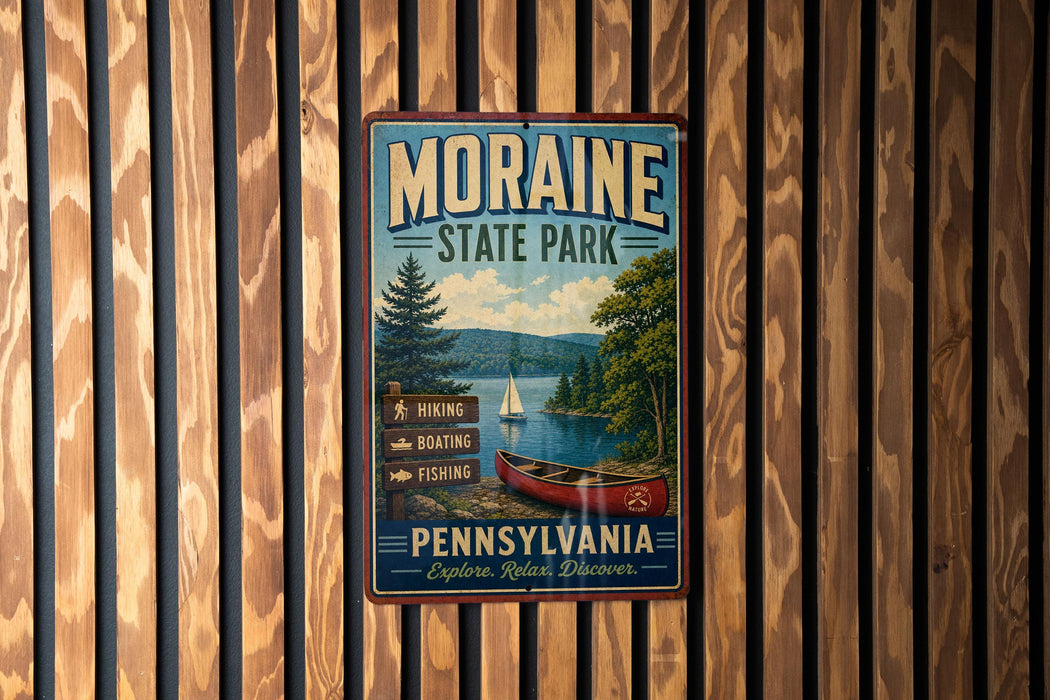 A vintage metal sign for Moraine State Park in Pennsylvania, featuring a scenic image of a lake with a boat and trees, mounted on a wooden wall.
