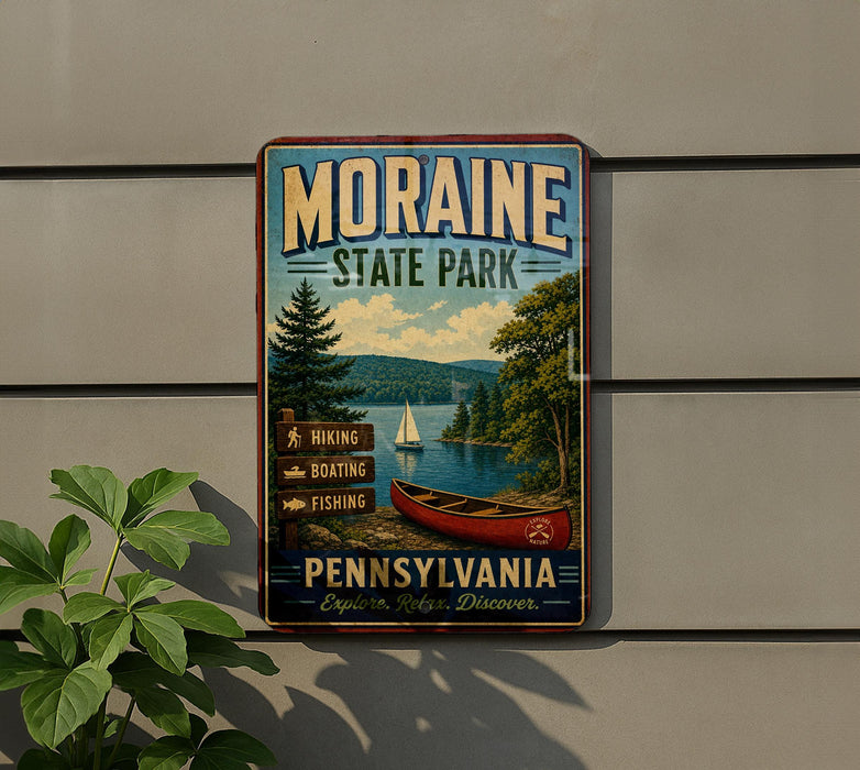 A vintage-style metal sign for Moraine State Park in Pennsylvania, featuring a scenic image of a lake, pine trees, and a red canoe.