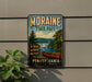 A vintage-style metal sign for Moraine State Park in Pennsylvania, featuring a scenic image of a lake, pine trees, and a red canoe.