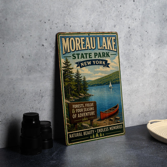 A vintage-style metal sign for Moreau Lake State Park in New York, featuring a scenic image of the lake and surrounding forests.