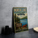 A vintage-style metal sign for Moreau Lake State Park in New York, featuring a scenic image of the lake and surrounding forests.