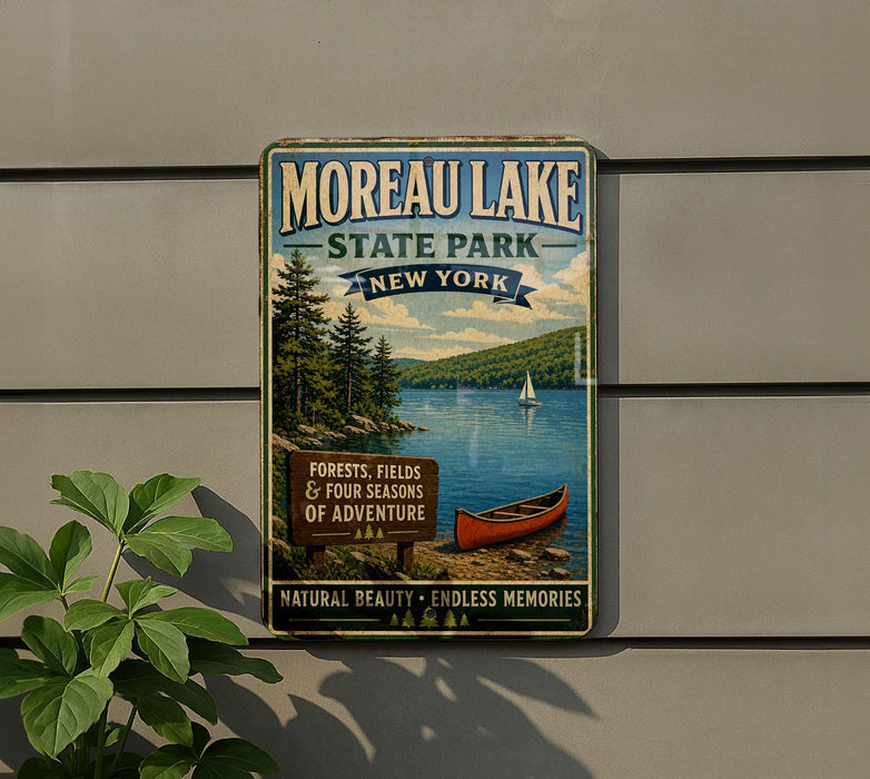 a vintage-style sign for Moreau Lake State Park in New York, with a scenic illustration of the lake and surrounding forests.