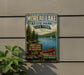 a vintage-style sign for Moreau Lake State Park in New York, with a scenic illustration of the lake and surrounding forests.