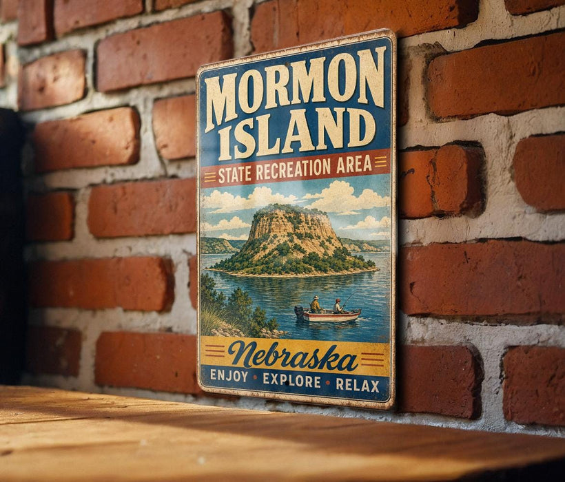 A vintage-style metal sign for Mormon Island, the State Recreation Area in Nebraska, featuring a scenic illustration of a mountain and a lake with a boat.