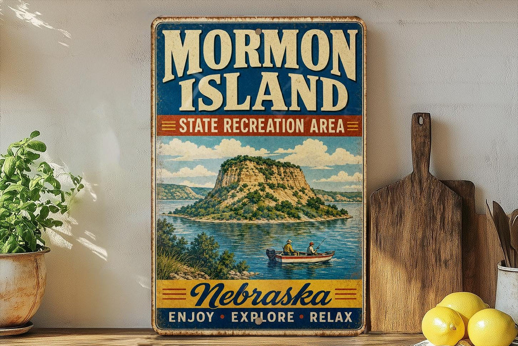 A vintage-style sign for Mormon Island, a state recreation area in Nebraska, featuring a scenic illustration of a lake and a mountain.