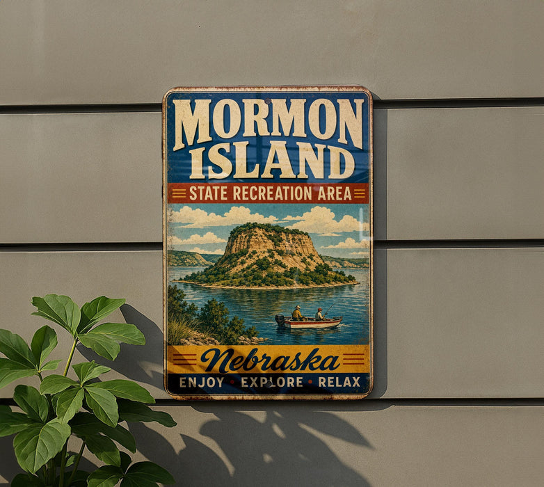 A vintage-style metal sign for Mormon Island, the State Recreation Area in Nebraska, featuring a scenic illustration of a lake and mountains.