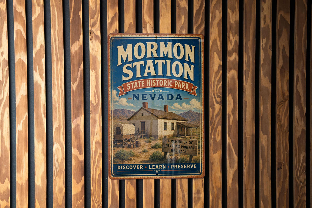 A vintage-style metal sign for Mormon Station, a historic park in Nevada, featuring an illustration of a wagon and a sign that says "A reminder of our Pioneer Heritage".