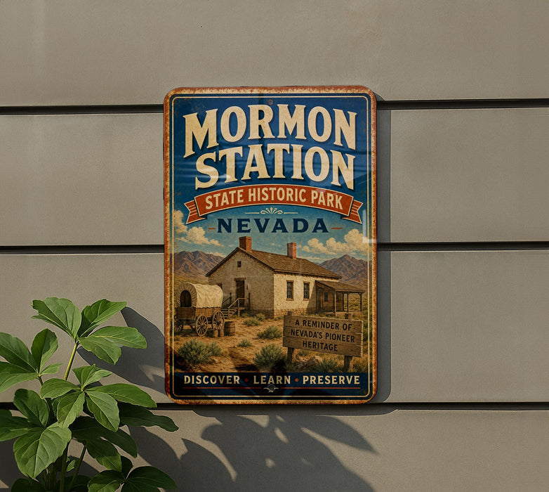 A vintage-style metal sign for Mormon Station, a historic park in Nevada, featuring a depiction of a historic home and mountains in the background.