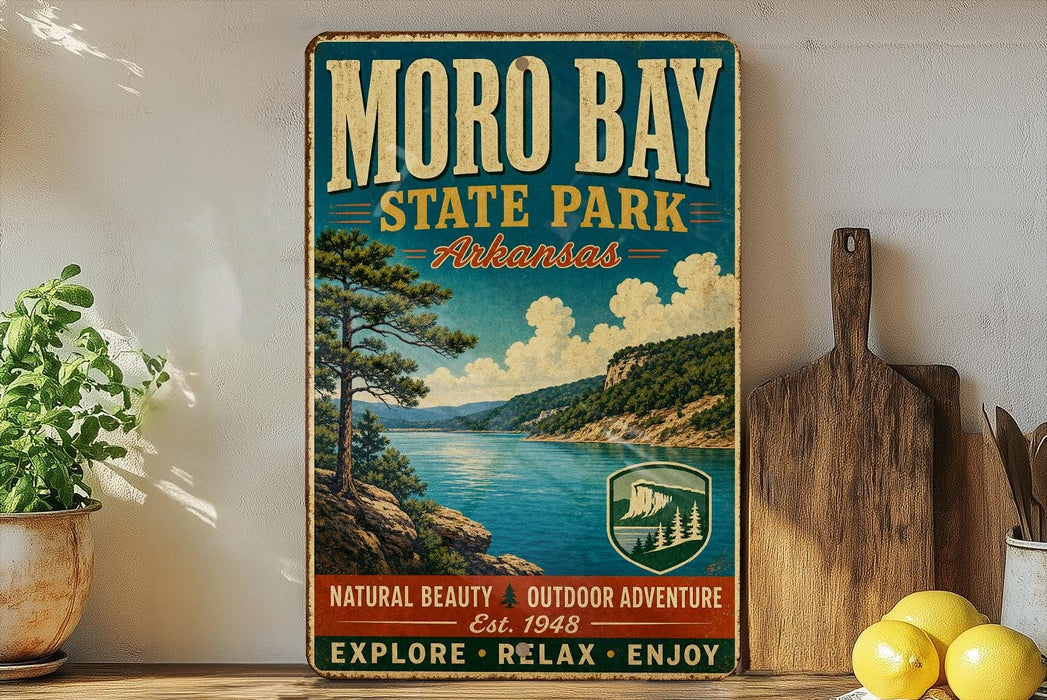 a vintage-style sign for Moro Bay State Park in Arkansas, with a scenic landscape depicting a lake and mountains. The sign is displayed on a shelf, surrounded by various kitchen utensils and a potted plant.