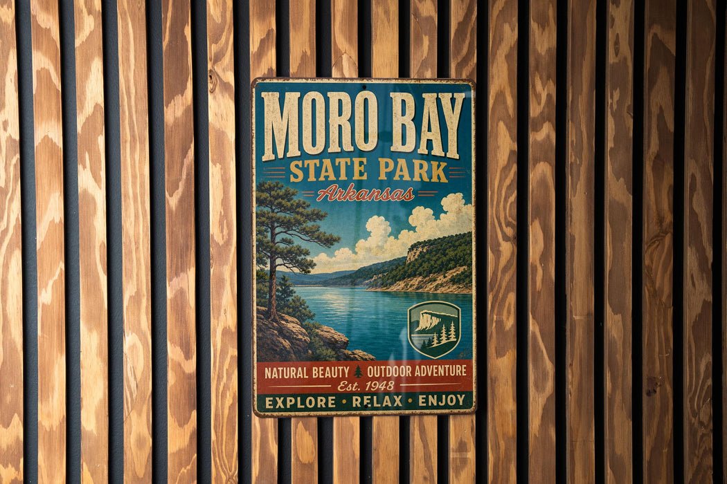 A vintage metal sign for Moro Bay State Park in Arkansas, featuring a scenic landscape with a lake and mountains.