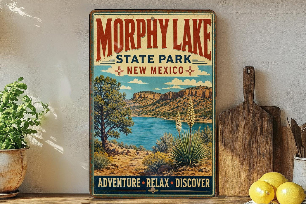 A vintage-style poster advertising Morphy Lake State Park in New Mexico, featuring a scenic landscape with a lake, mountains, and desert vegetation.