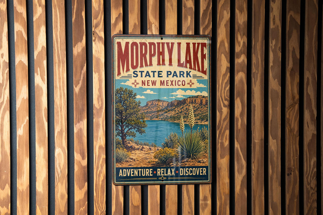 A vintage-style metal sign for Morphy Lake State Park in New Mexico, featuring a scenic landscape with a lake, mountains, and desert vegetation.