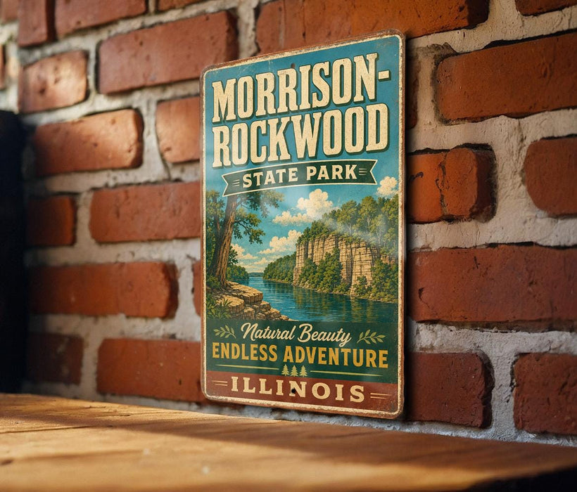 A vintage-style metal sign for the Morrison-Rockwood State Park in Illinois, featuring a scenic illustration of a river and forest landscape.