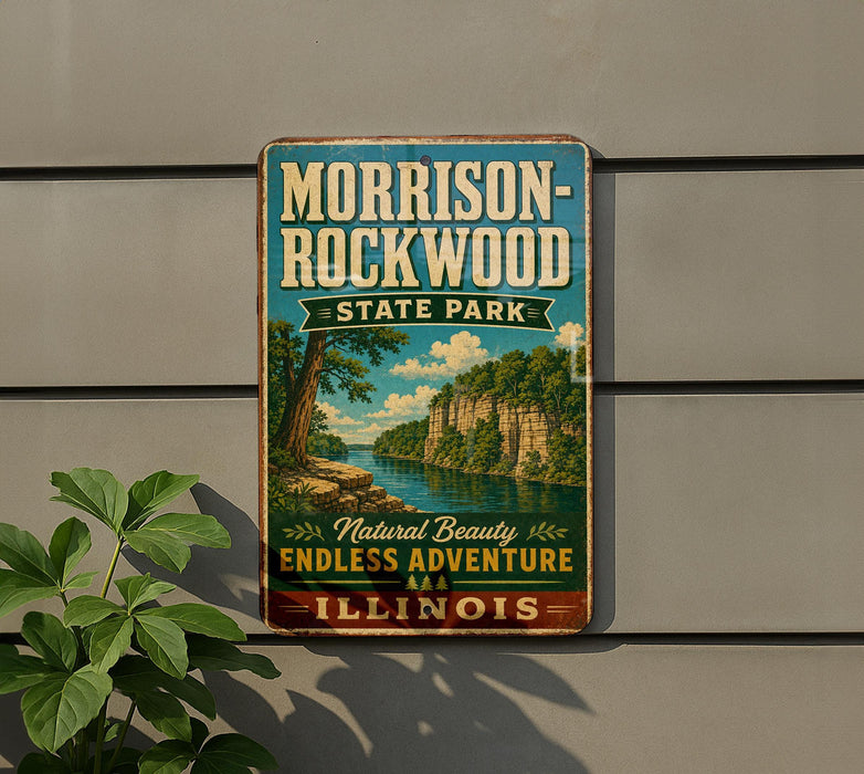 A vintage metal sign for Morrison-Rockwood State Park in Illinois, featuring a scenic landscape with a river and cliffs.