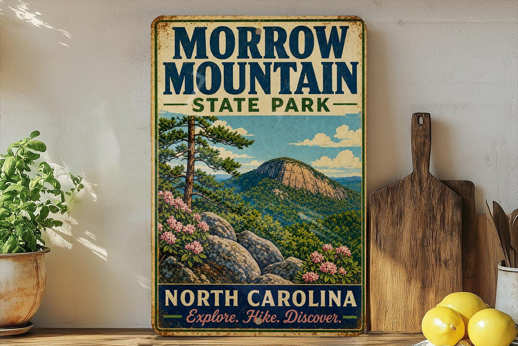 a vintage-style metal sign for Morrow Mountain State Park, with a scenic mountain landscape and pine trees. The sign is displayed on a wooden shelf, surrounded by various kitchen utensils and a potted plant.