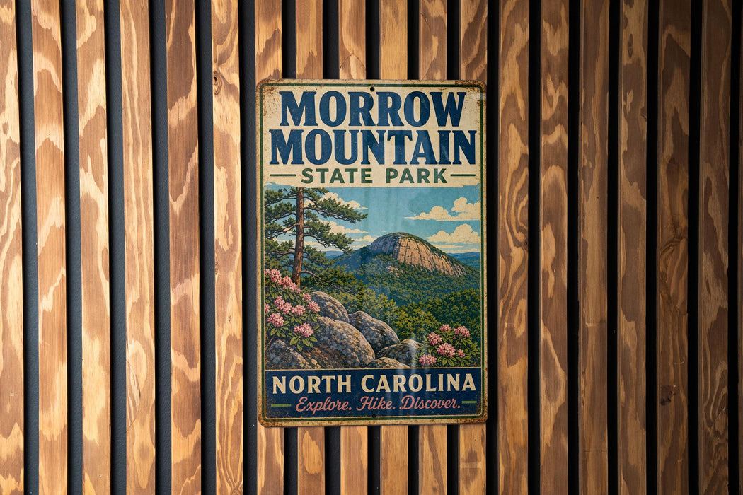 A vintage metal sign for Morrow Mountain State Park, featuring a scenic mountain landscape with pine trees and pink flowers.