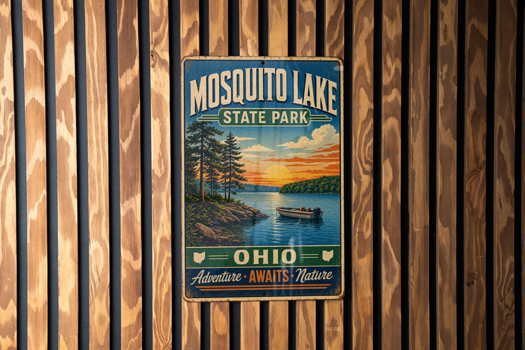 A vintage-style metal sign for Mosquito Lake State Park in Ohio, featuring a scenic landscape with a lake, trees, and a boat.