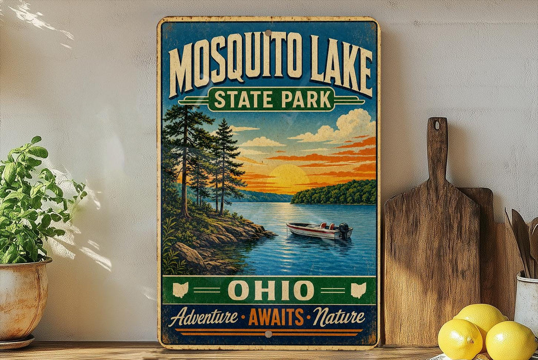 A vintage-style sign for Mosquito Lake State Park in Ohio, featuring a scenic landscape with a lake, trees, and a boat on the water.