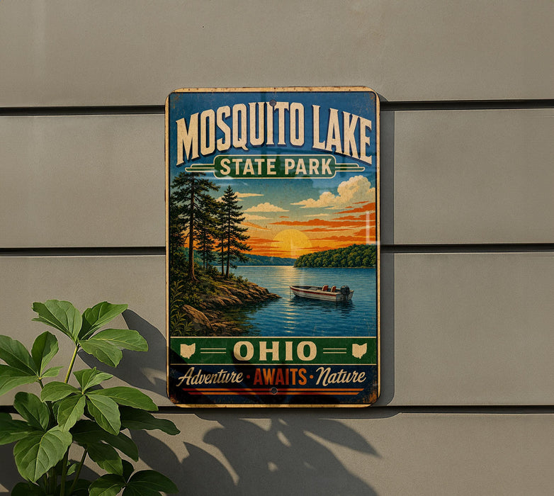 A vintage-style sign for Mosquito Lake State Park, featuring a scenic landscape with a lake, trees, and a boat on the water.