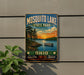 A vintage-style sign for Mosquito Lake State Park, featuring a scenic landscape with a lake, trees, and a boat on the water.