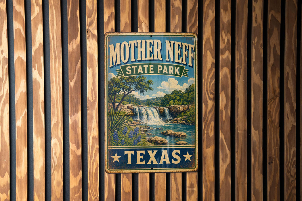 A vintage metal sign for Mother Neff State Park in Texas, featuring a scenic landscape with a waterfall and lush vegetation.