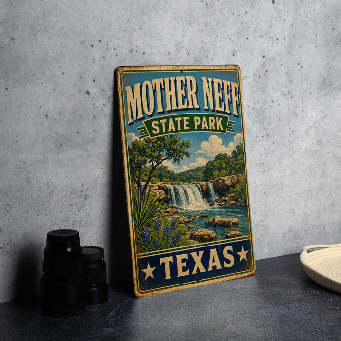 A vintage-style metal sign for Mother Neff State Park in Texas, featuring a scenic landscape with a waterfall and greenery.