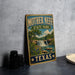 A vintage-style metal sign for Mother Neff State Park in Texas, featuring a scenic landscape with a waterfall and greenery.