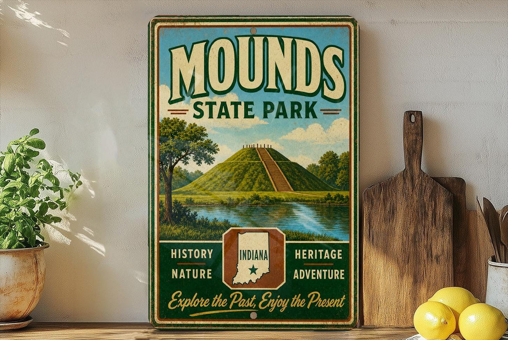 A vintage-style sign for Mounds State Park, featuring a scenic landscape with a hill, trees, and a lake. The sign also includes the words "Indiana", "History", "Nature", "Heritage", and "Adventure", suggesting the park offers various outdoor activities and attractions.