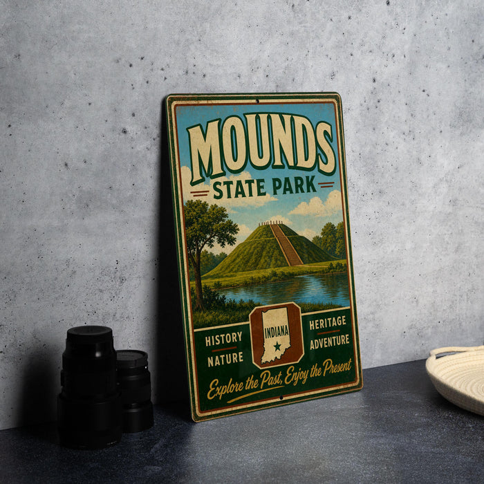 A vintage-style metal sign for Mounds State Park, featuring a landscape with a hill, trees, and a lake, along with the text "MOUNDS STATE PARK" and "INDIANA HISTORY NATURE HERITAGE ADVENTURE".